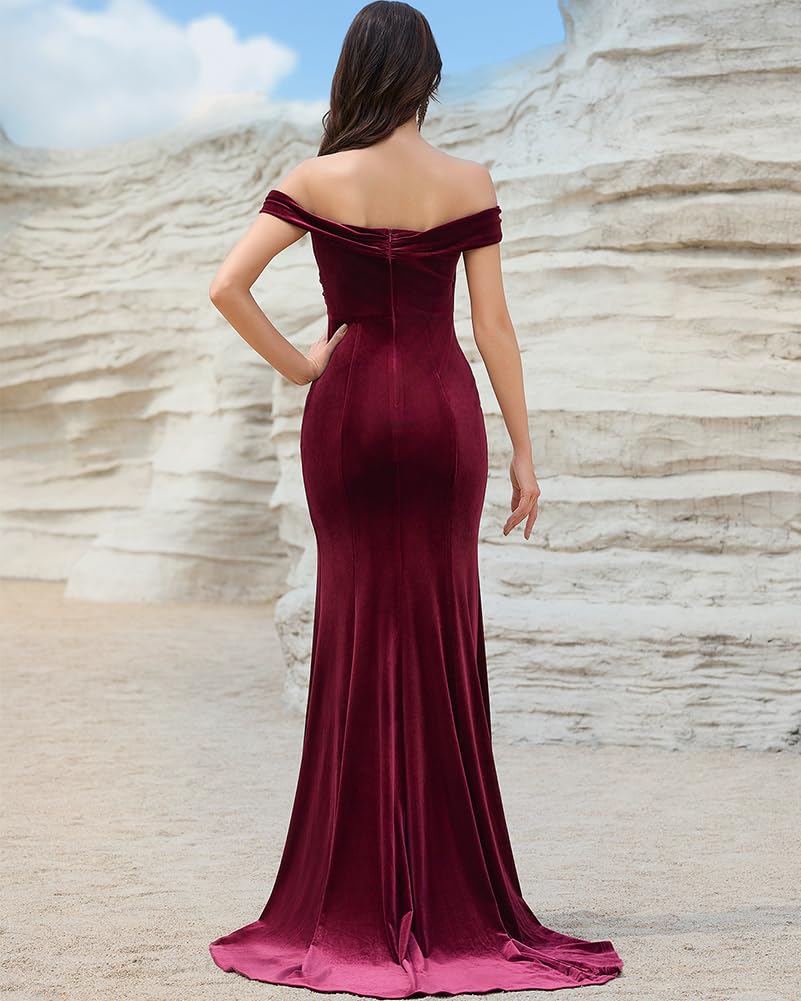 Burgundy Women's Velvet Off The Shoulder Mermaid Prom Dresses Formal Gowns